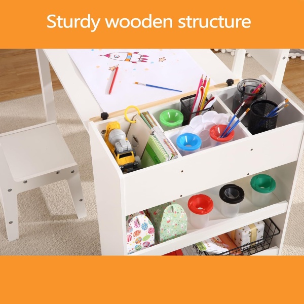 Wooden Kids Art Table & 2 Chairs Set, Toddler Craft Play Activity Desk - Image 2