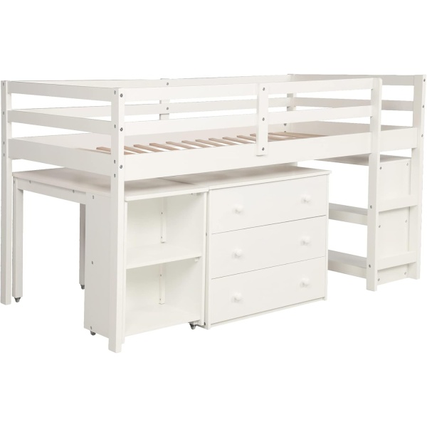 Low Loft Bed Wood Loft Bed Frame with Storage Cabinet and Rolling Portable Desk - Image 4