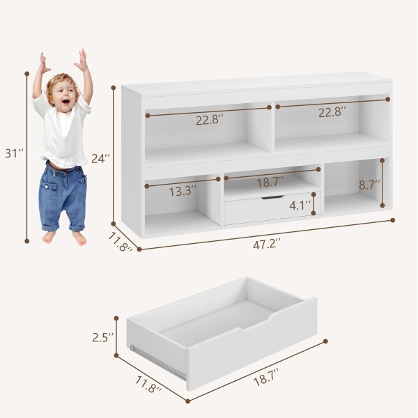 Kids Bookshelf with Drawer Nursery Bookcase Wooden Toy Storage Organizer - Image 2