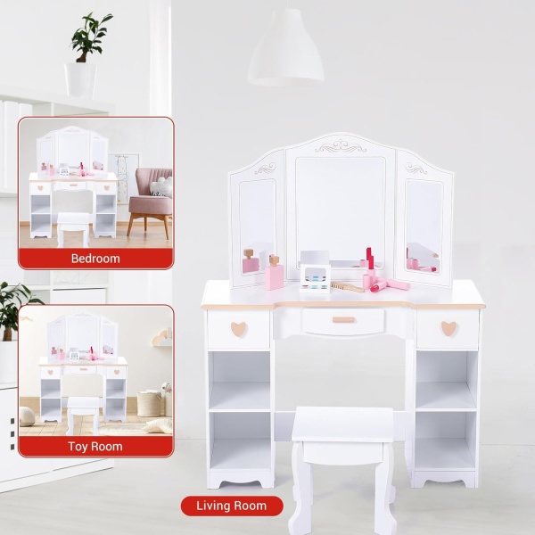 Kids Vanity with Mirrors and Stool, Pretend Play Vanity Table Set - Image 4