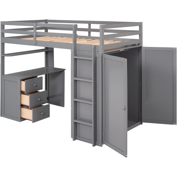 Loft Bed with Desk and Wardrobe Twin Size Loft Beds Frame with Storage Drawers - Image 6