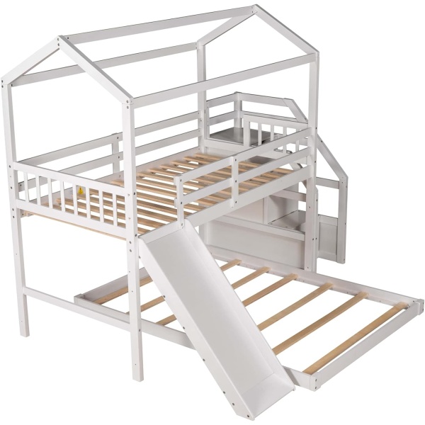 Twin Over Full House Bunk Bed with Stairs and Slide Wood Low Bunk Bed - Image 5