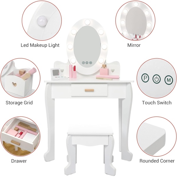 Kids' Vanity Set with Mirror and Light, Makeup Table and Stool for Girls, Vanity - Image 2