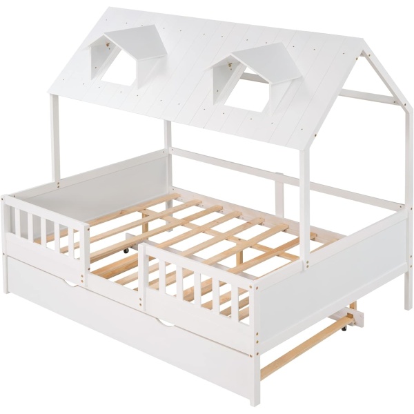 Bellemave Full House Bed with Trundle & Fence Railings Kids Cottage Beds Wood - Image 6