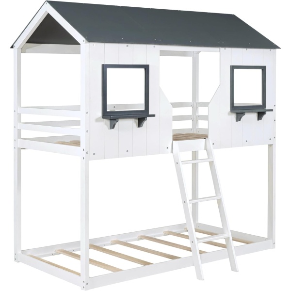 Low Bunk Beds Wood Twin Over Twin Bunk Bed House Bed Frame with Roof Kids - Image 4