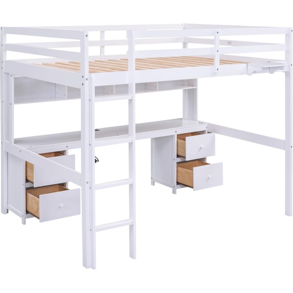 Full Size Loft Bed with Desk and Storage, Wooden Loft Beds Frame with Charging - Image 6