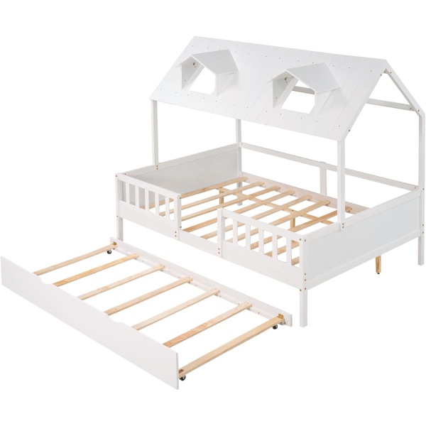 Bellemave Full House Bed with Trundle & Fence Railings Kids Cottage Beds Wood - Image 5