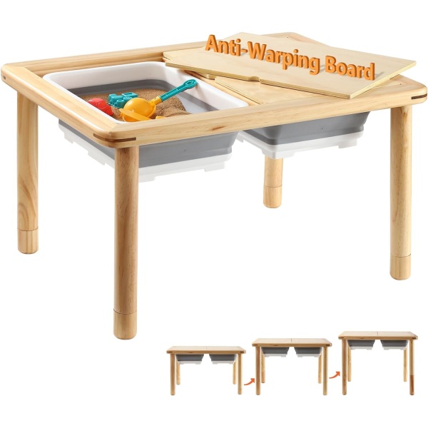 FUNLIO Wooden Sensory Table with 2 Bins for Toddlers 1-5, 3-Level Height