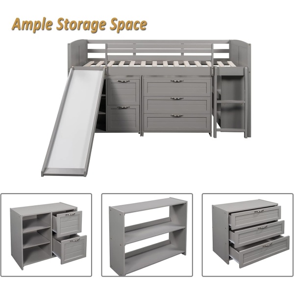 Low Loft Bed with Slide and Storage Twin Loft Bed Frame with Cabinet Drawers - Image 5