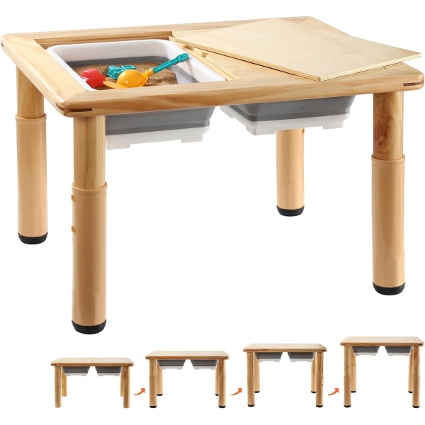 FUNLIO Wooden Sensory Table with 2 Bins for Toddlers 1-5, 4-Level Height