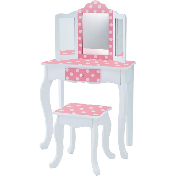 Teamson Kids Princess Gisele Polka Dot Print 2-Piece Kids Wooden Play Vanity Set