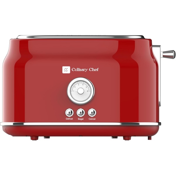 CULINARY CHEF CCTO102-RED, 2 Slice Toaster, Retro Style, Wide Slot for Bread
