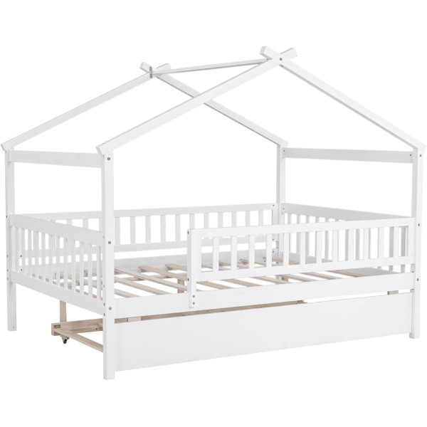 House Bed with Trundle and Fence, Full Size Montessori Style Beds with Railings - Image 7