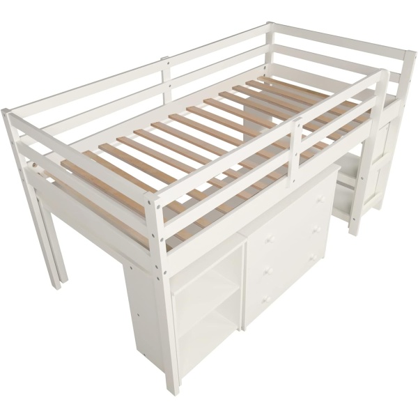 Low Loft Bed Wood Loft Bed Frame with Storage Cabinet and Rolling Portable Desk - Image 5