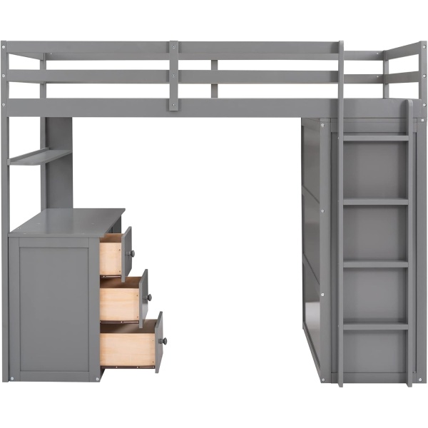 Loft Bed with Desk and Wardrobe Twin Size Loft Beds Frame with Storage Drawers - Image 5