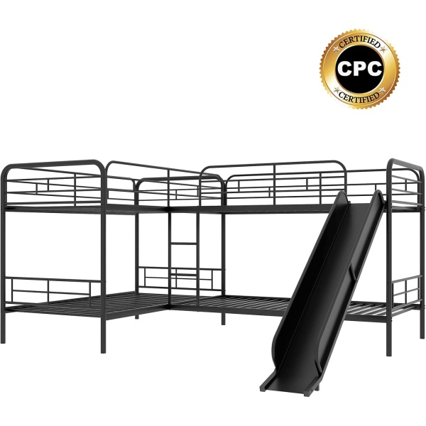 Quad Bunk Beds with Slide L-Shape Bunk Bed for 4 Twin Over Twin Metal Bunked - Image 6