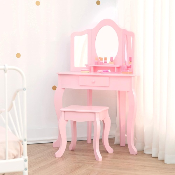 Teamson Kids Little Princess Alessandra Kids Wooden Corner Vanity Table & Stool - Image 3