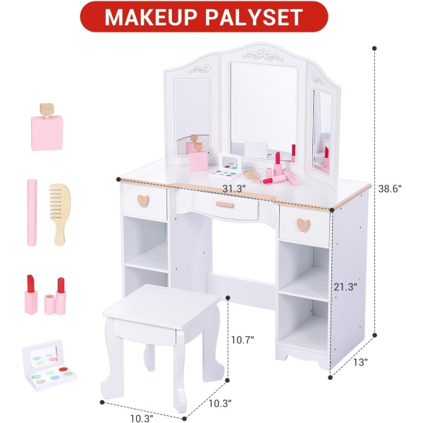 Kids Vanity with Mirrors and Stool, Pretend Play Vanity Table Set - Image 3