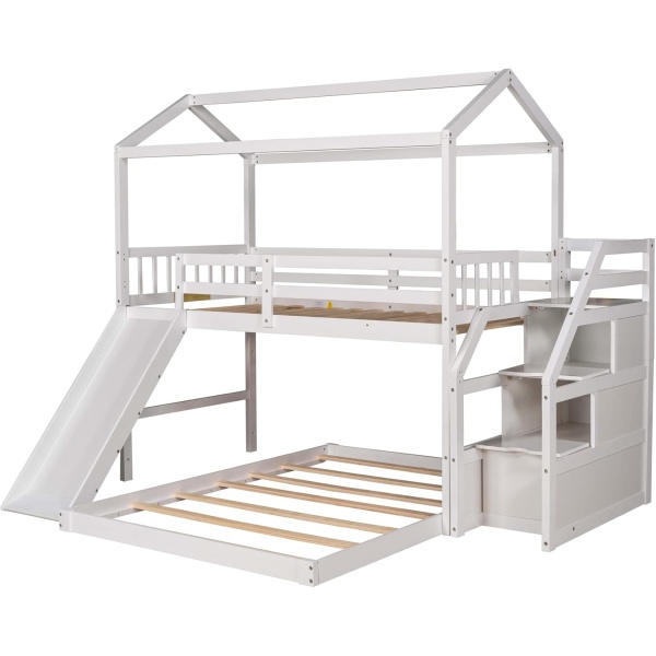 Twin Over Full House Bunk Bed with Stairs and Slide Wood Low Bunk Bed - Image 4