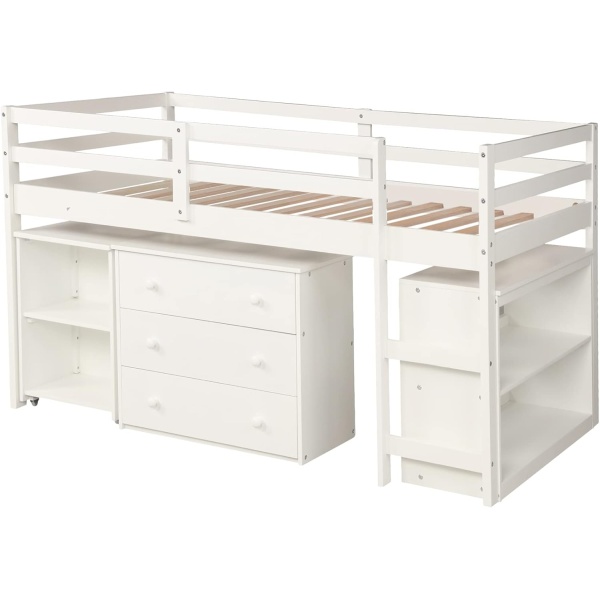 Low Loft Bed Wood Loft Bed Frame with Storage Cabinet and Rolling Portable Desk - Image 6