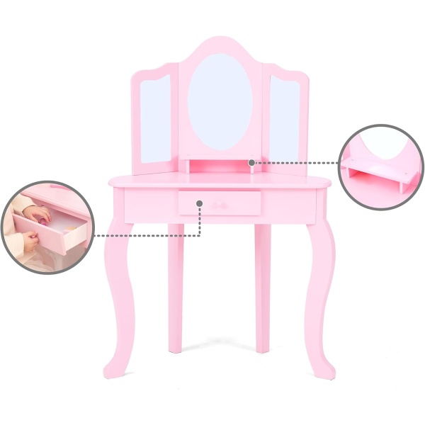 Teamson Kids Little Princess Alessandra Kids Wooden Corner Vanity Table & Stool - Image 5