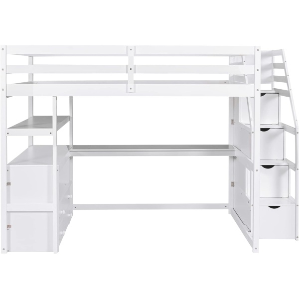 Full Loft Bed with Stairs and Desk, Wood Loft Bed Frame with Storage Cabinet - Image 7