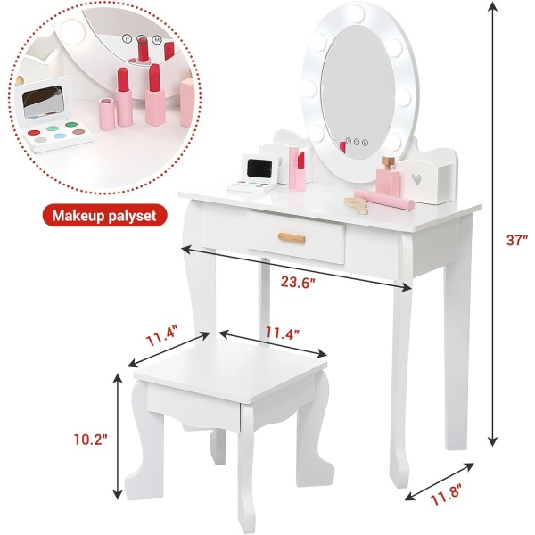 Kids' Vanity Set with Mirror and Light, Makeup Table and Stool for Girls, Vanity - Image 4