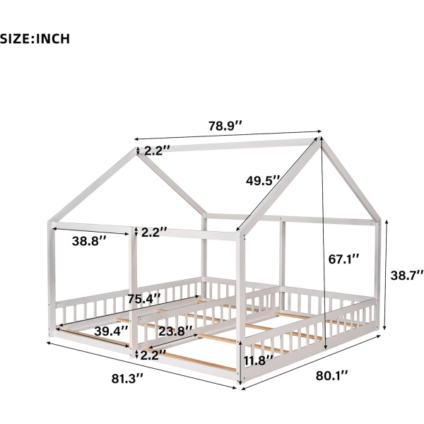 Twin House Bed for 2 Kids Wood Double Floor Beds Frame with Fence Railings - Image 2