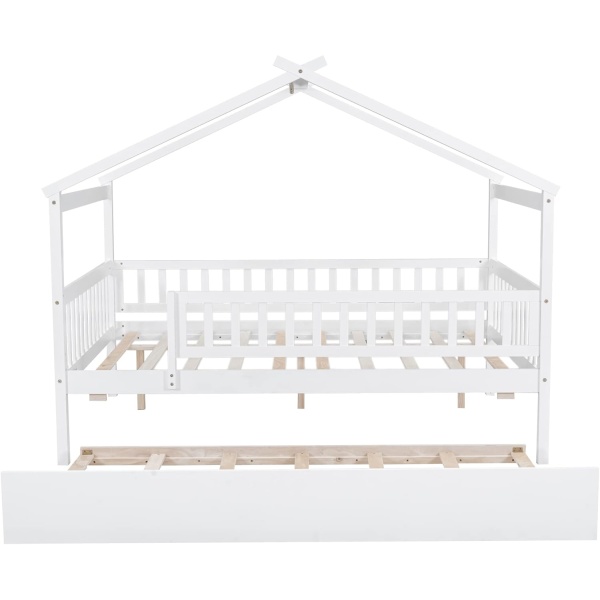 House Bed with Trundle and Fence, Full Size Montessori Style Beds with Railings - Image 5