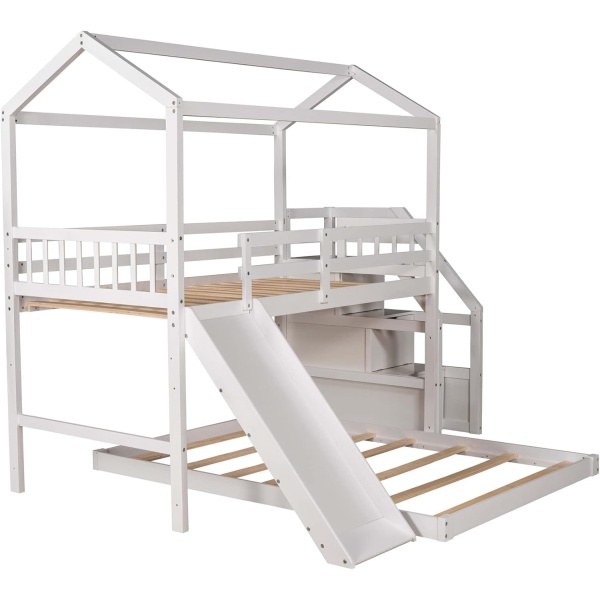 Twin Over Full House Bunk Bed with Stairs and Slide Wood Low Bunk Bed - Image 7