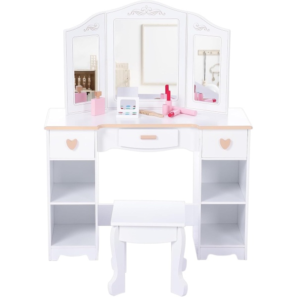 Kids Vanity with Mirrors and Stool, Pretend Play Vanity Table Set - Image 2