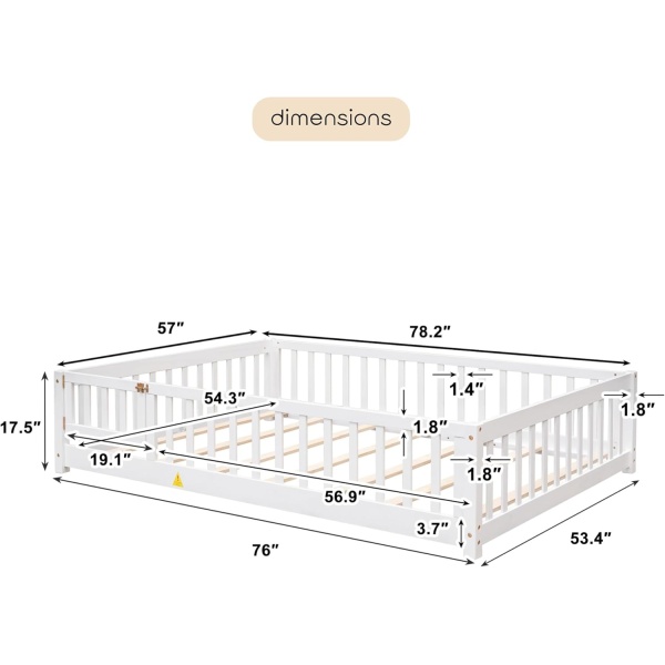 Full Size Floor Bed Frame for Kids Wood Montessori Floor Beds with Fence - Image 2