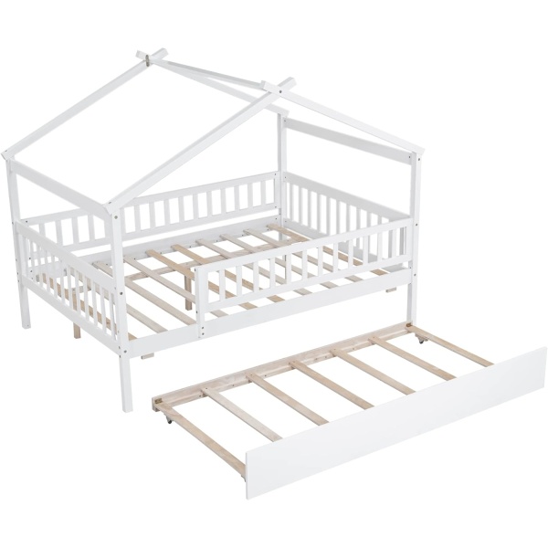 House Bed with Trundle and Fence, Full Size Montessori Style Beds with Railings - Image 6