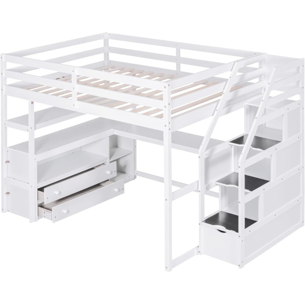 Full Loft Bed with Stairs and Desk, Wood Loft Bed Frame with Storage Cabinet - Image 5