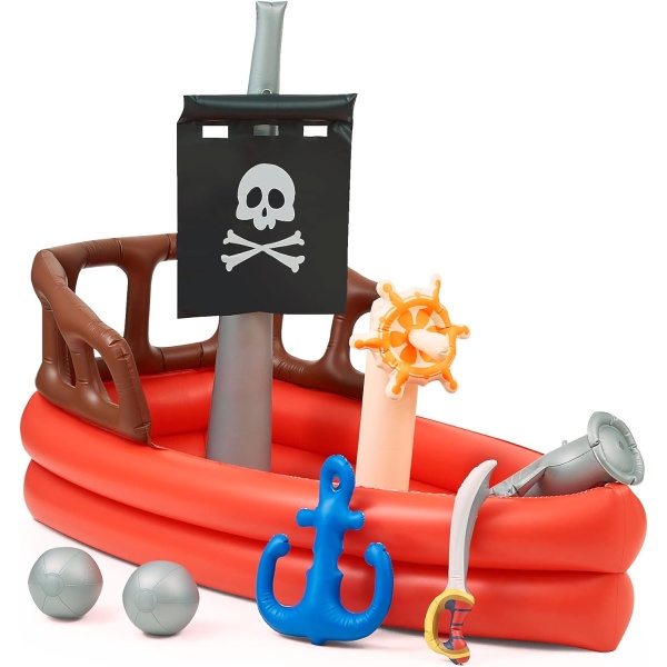 Teamson Kids Water Pool Pirate Ship Inflatable Kids Sprinkler with Air Pump