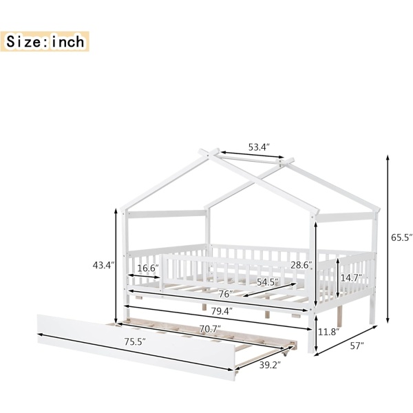 House Bed with Trundle and Fence, Full Size Montessori Style Beds with Railings - Image 2