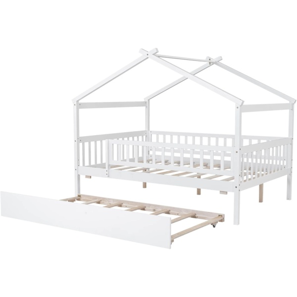 House Bed with Trundle and Fence, Full Size Montessori Style Beds with Railings - Image 8