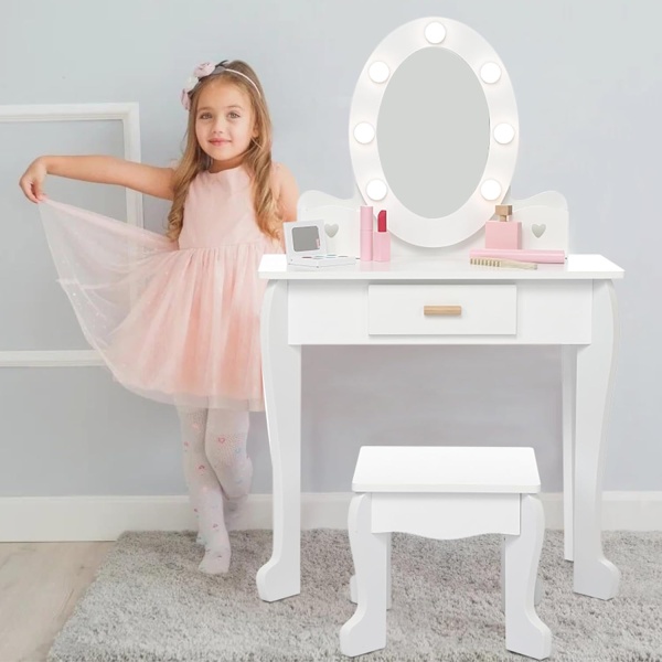 Kids' Vanity Set with Mirror and Light, Makeup Table and Stool for Girls, Vanity