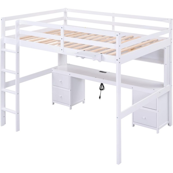 Full Size Loft Bed with Desk and Storage, Wooden Loft Beds Frame with Charging - Image 5