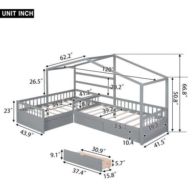 Bellemave L-Shape House Beds with Storage Drawers Two Twin Size Platform Bed - Image 2