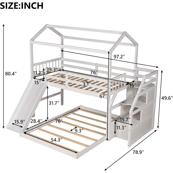 Twin Over Full House Bunk Bed with Stairs and Slide Wood Low Bunk Bed - Image 2