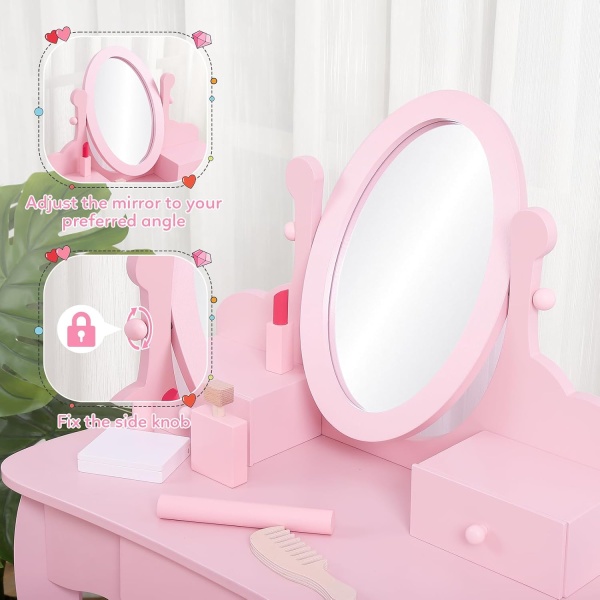 Kids' Vanity Set with Mirror, Makeup Table and Stool for Girls, Vanity Desk - Image 3