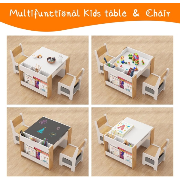 Kids Table and Chair Set, 4 in 1 Wooden Activity Table & 2 Chairs with Storage - Image 2