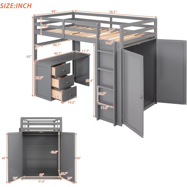 Loft Bed with Desk and Wardrobe Twin Size Loft Beds Frame with Storage Drawers - Image 2