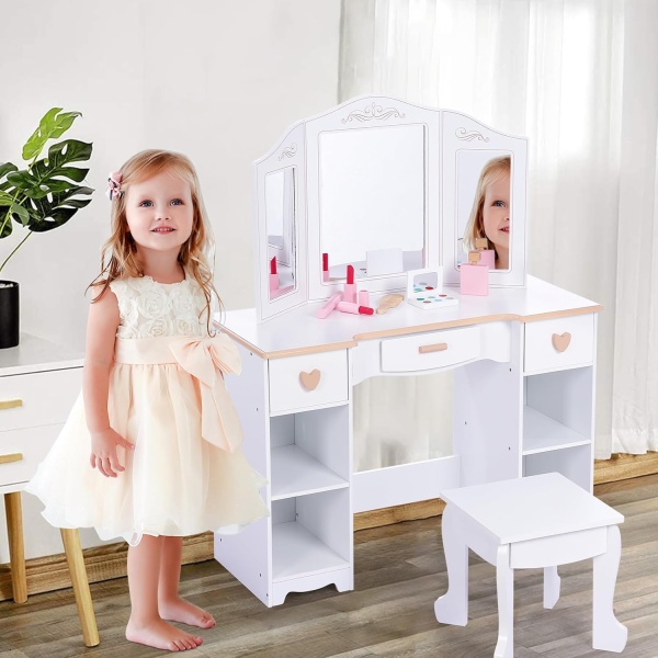 Kids Vanity with Mirrors and Stool, Pretend Play Vanity Table Set