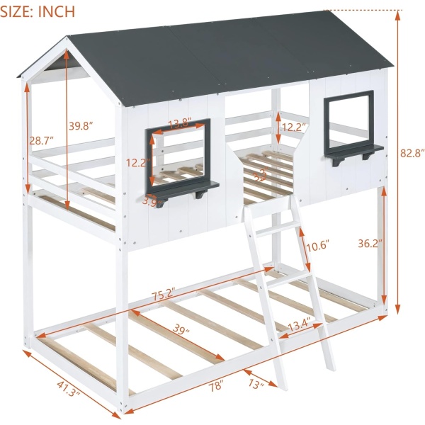 Low Bunk Beds Wood Twin Over Twin Bunk Bed House Bed Frame with Roof Kids - Image 2