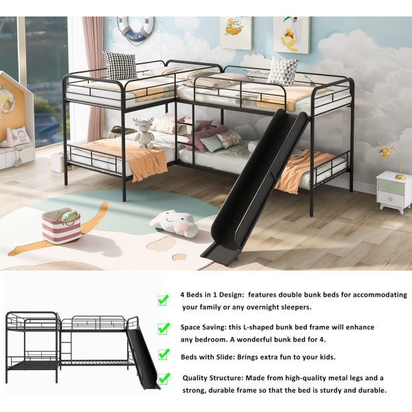 Quad Bunk Beds with Slide L-Shape Bunk Bed for 4 Twin Over Twin Metal Bunked - Image 5