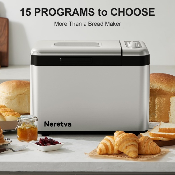 Neretva Bread Maker, 3.3LB Larger Bread Machine 15-in-1 Stainless Steel - Image 4