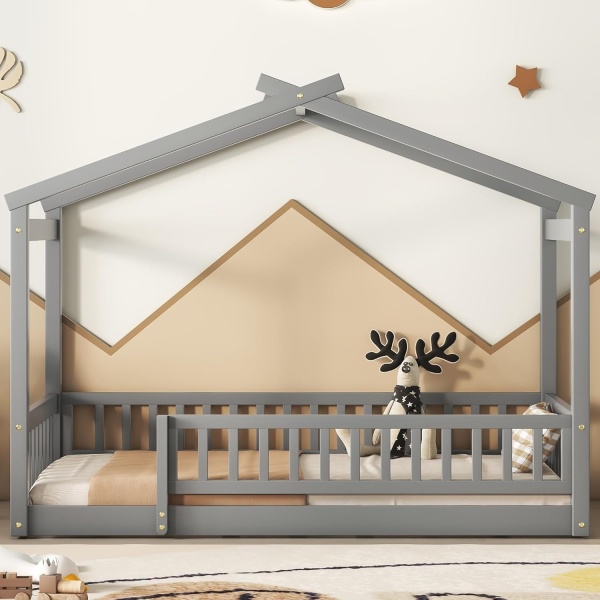 House Bed Twin Size Floor Bed with Fence Railings, Wooden Montessori Style Bed - Image 4