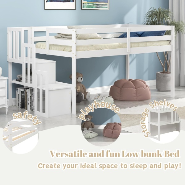 Bellemave Low Loft Bed with Stairs Twin Loft Bed with Storage Wood Bed Frame - Image 3